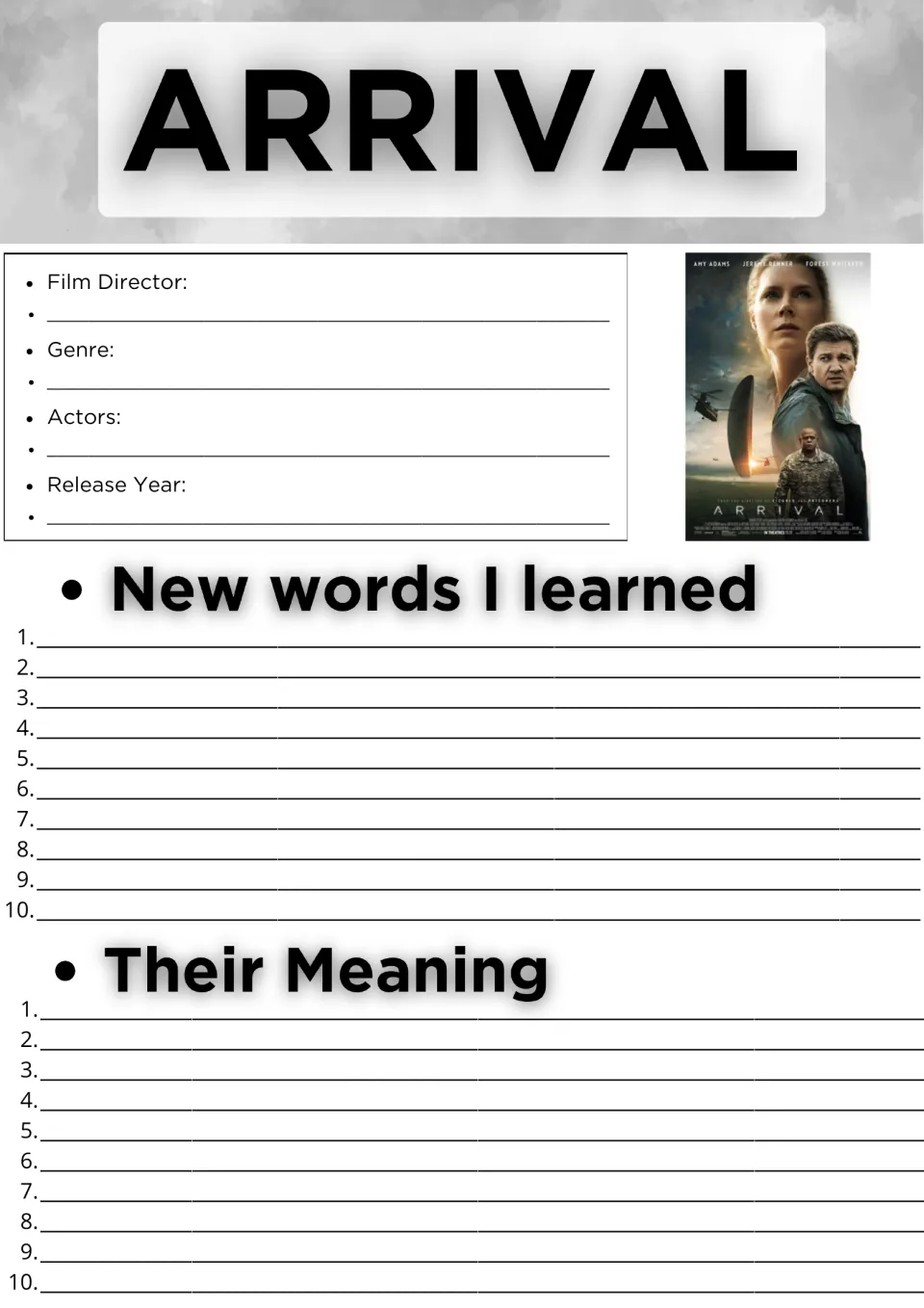 Arrival film facts: students note director, genre, actors and release year, then list 10 new words and their meanings
