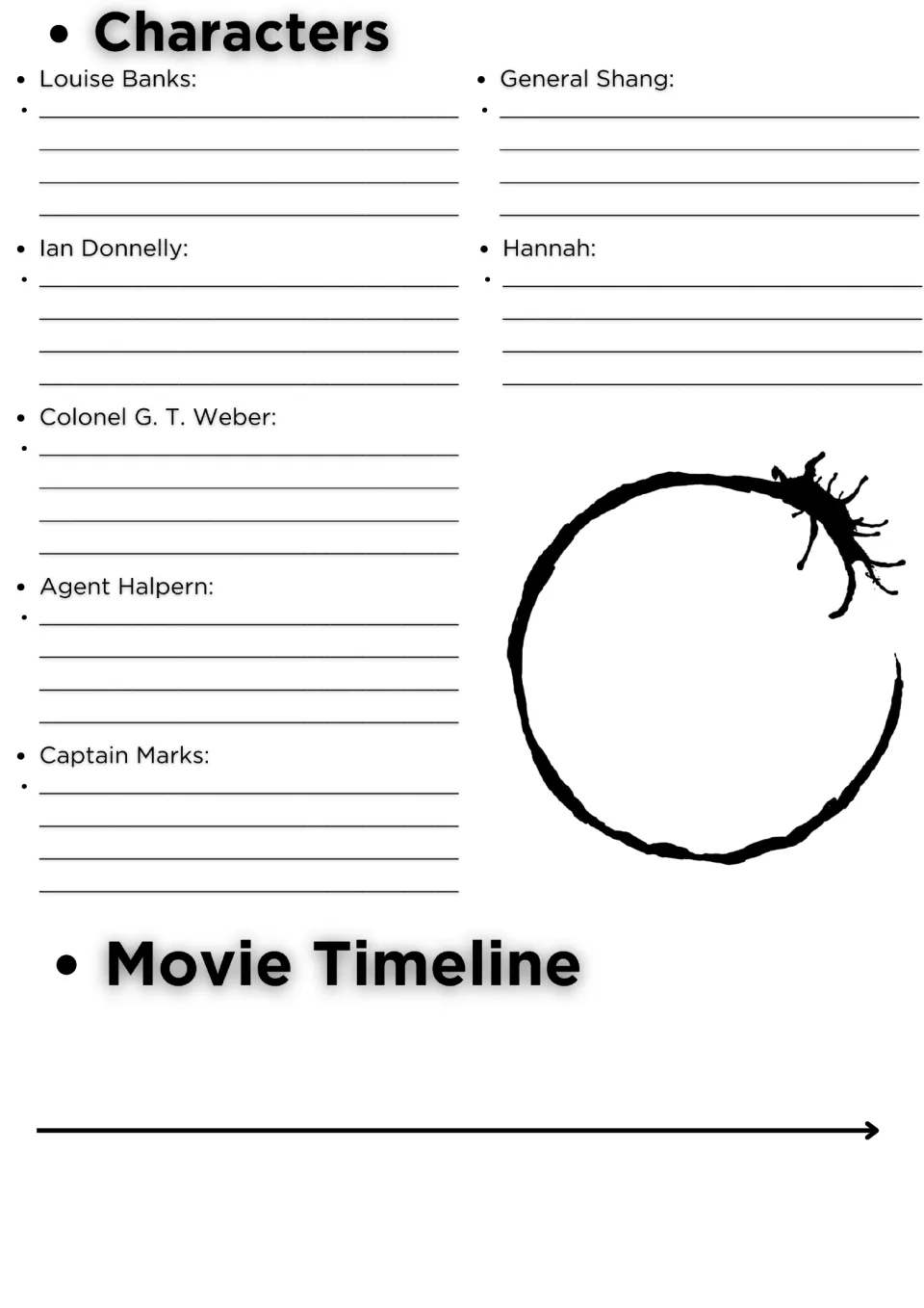 Arrival characters: students write notes on Louise Banks, Ian Donnelly, Hannah and four others, then fill in a timeline