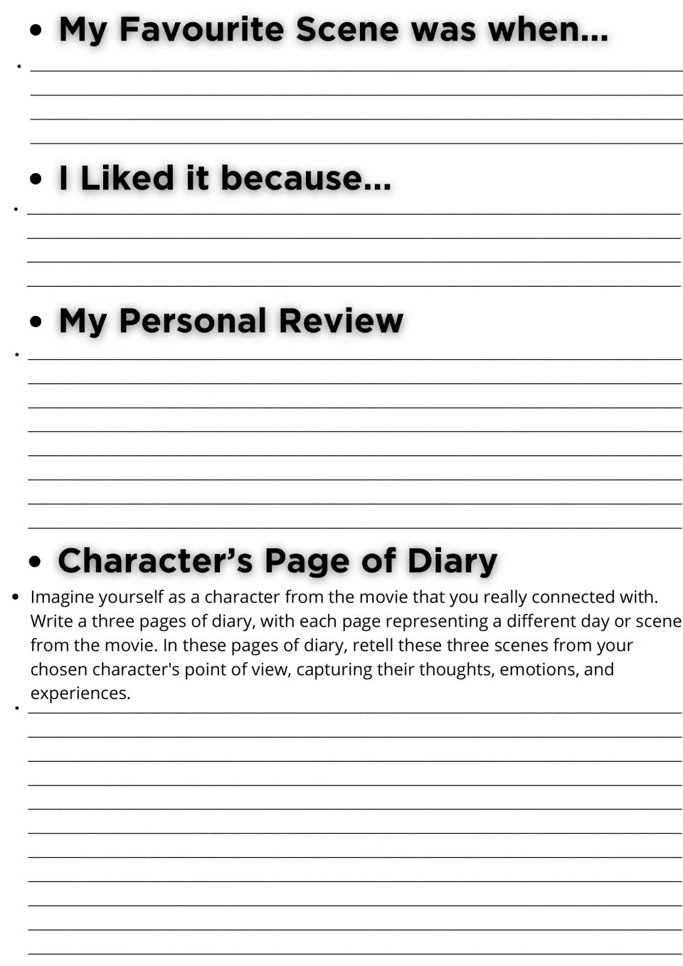 Arrival response: students describe a favourite scene, why they liked it, a personal review and a character's diary pages
