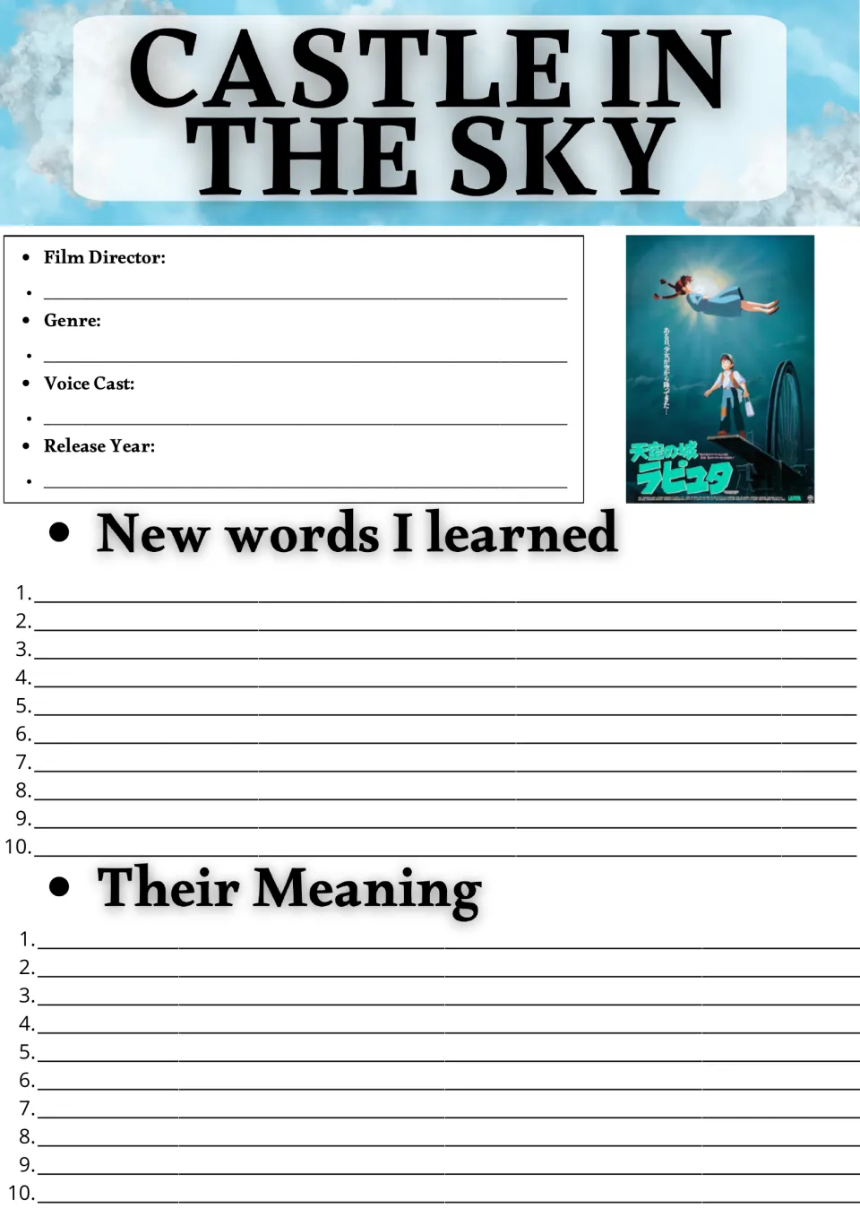 Movie guide opening page: director, genre, voice cast, release year, and 10 new words with their meanings.