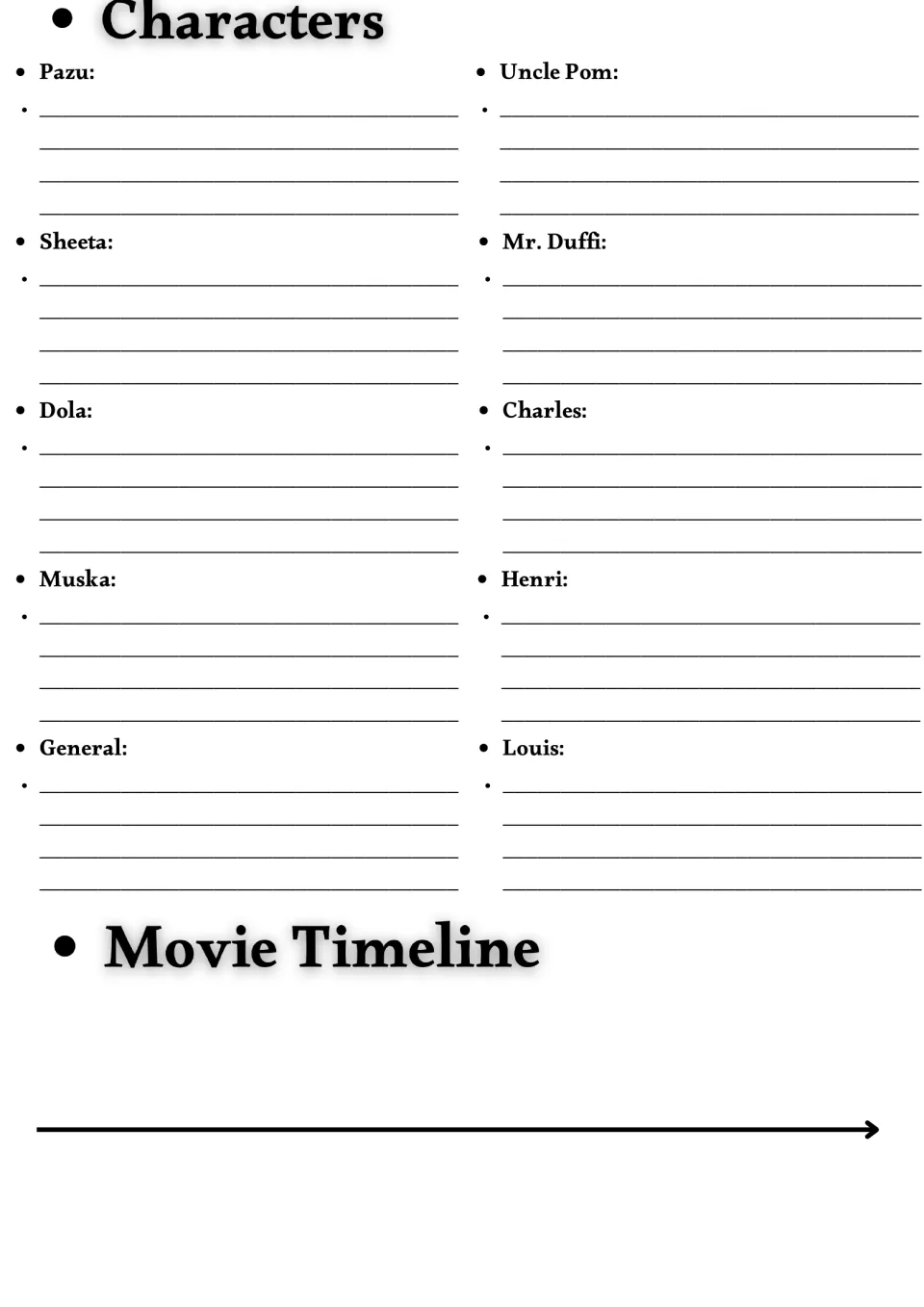 Movie guide character study for 10 characters, including Pazu and Sheeta, plus a movie timeline.