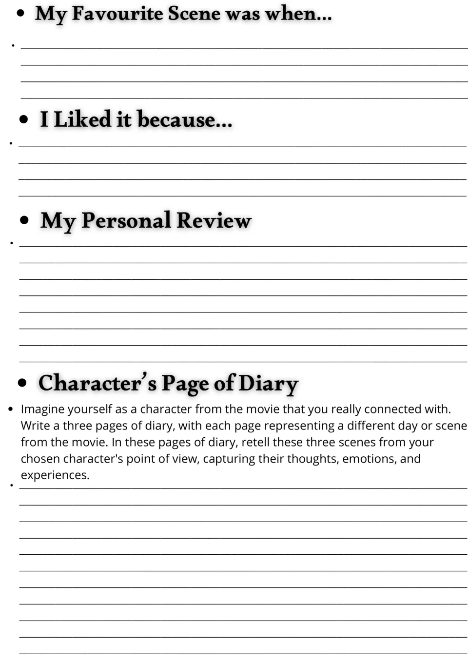 Movie guide writing page: favorite scene, reasons for liking it, personal review, and a three-page diary prompt.