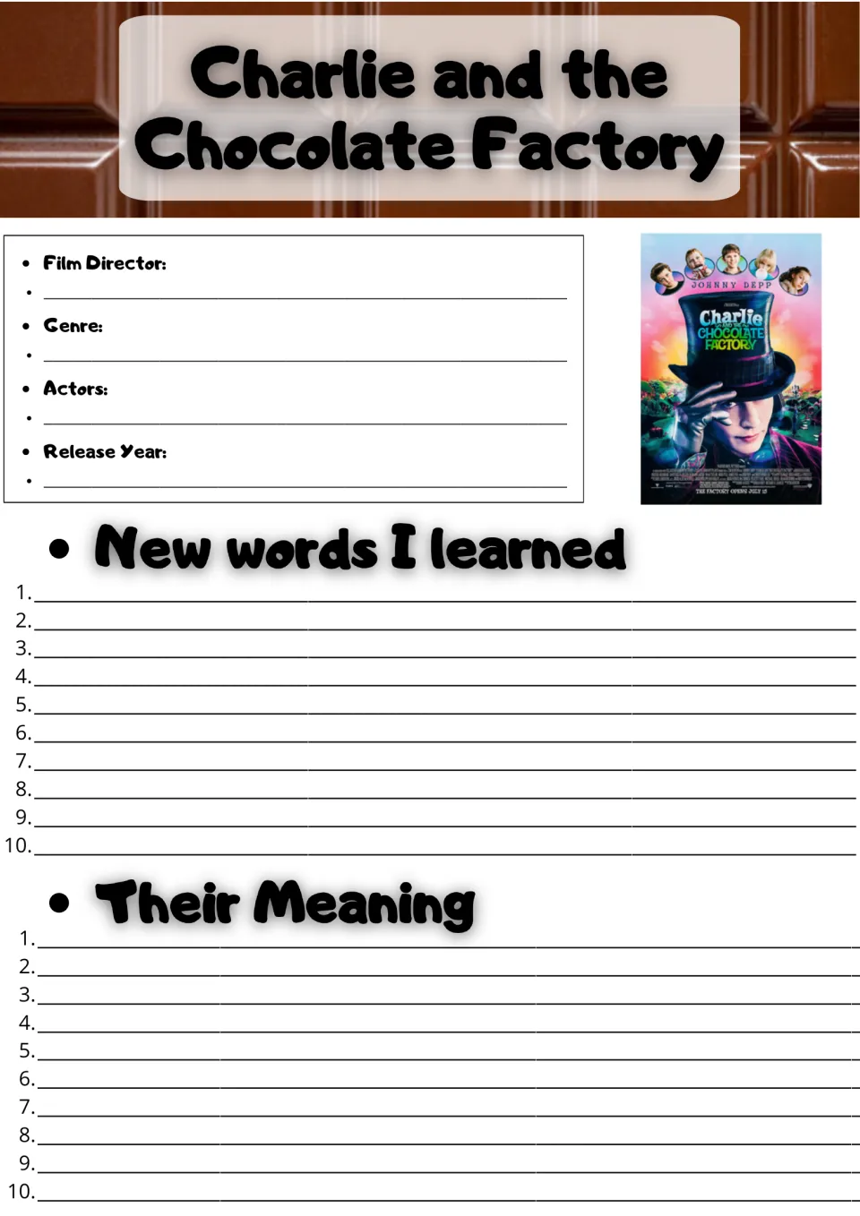 Movie facts and vocabulary: students record director, genre, actors and release year, then list 10 new words and meanings