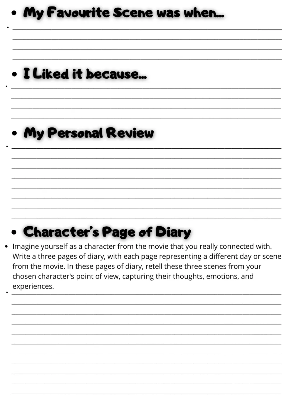 Response writing: favourite scene, reasons, personal review and diary entries retelling scenes from a character's view