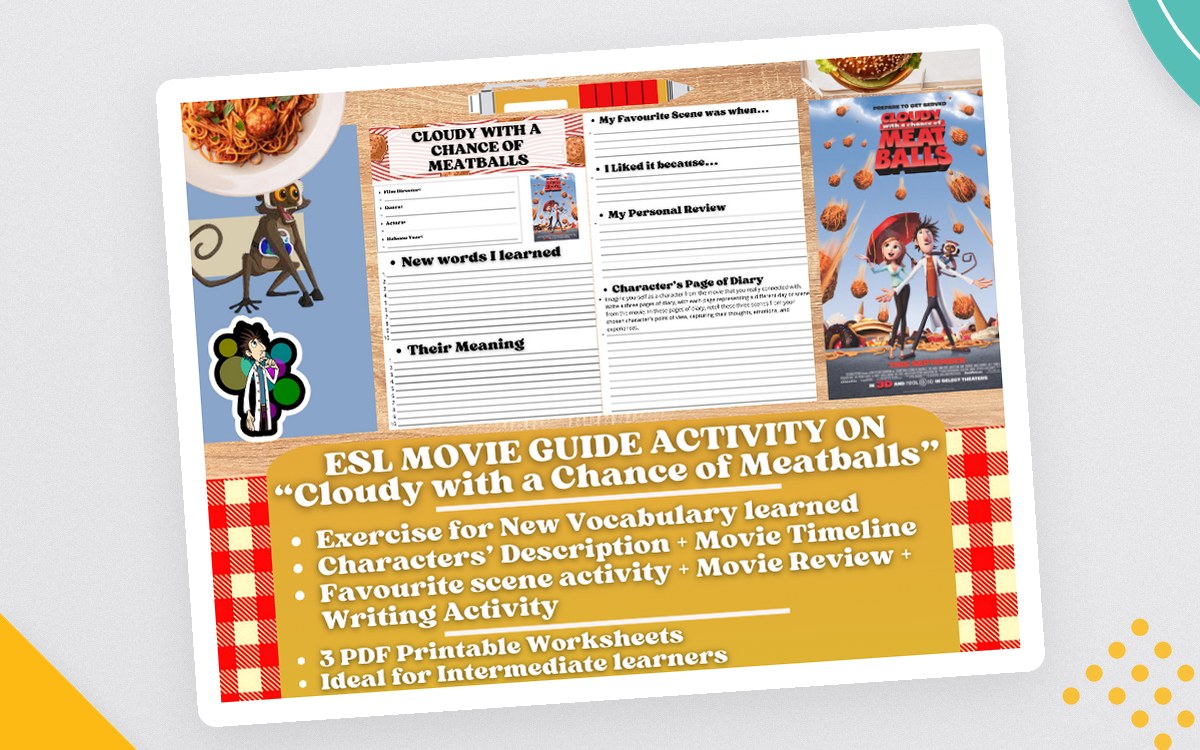 ESL Movie Guide Worksheets on "Cloudy with a Chance of Meatballs" teaching resource preview