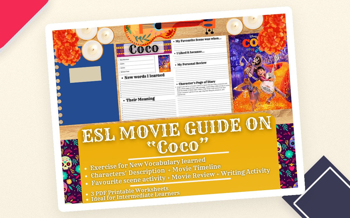 ESL Movie Guide Worksheets on Coco preview: Three-page PDF with film-information fields