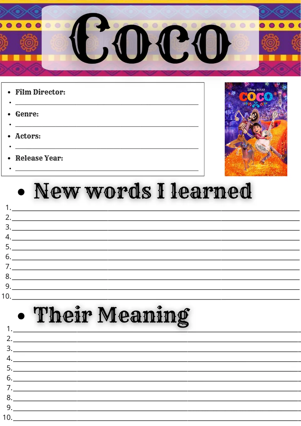 Coco film facts and vocabulary: students note director, genre, actors and year, then list 10 new words and their meanings