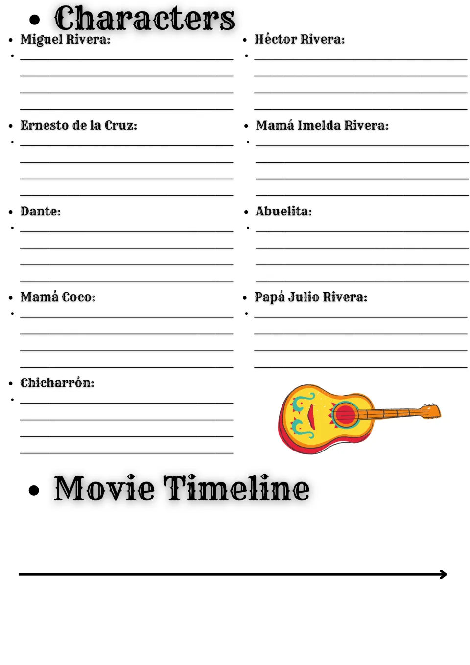 Coco characters: students write notes on Miguel, Héctor, Ernesto de la Cruz, Mamá Imelda and others, then fill a timeline