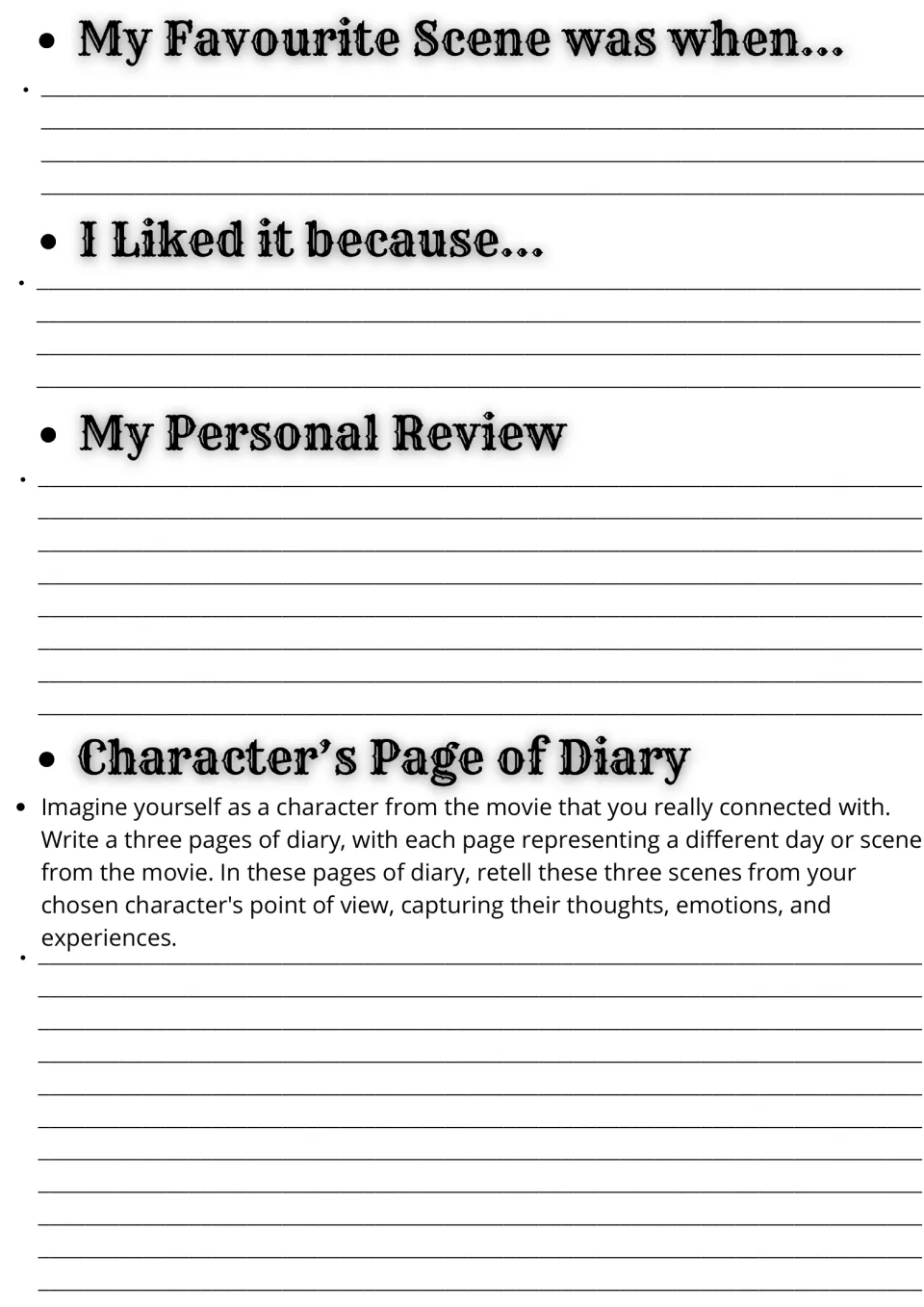 Coco movie response: students describe a favourite scene, why they liked it, a personal review and a character's diary pages