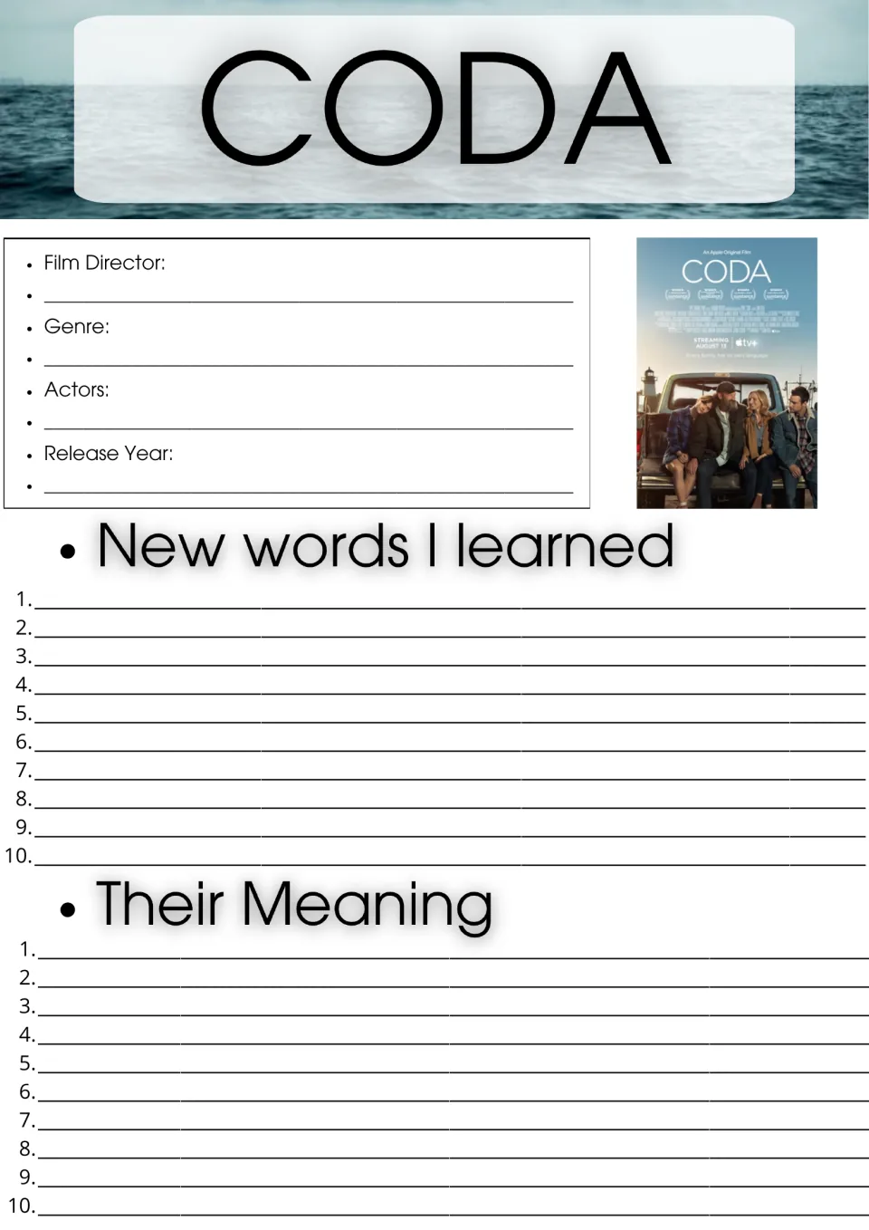 CODA film facts and vocabulary: students note director, genre, actors and year, then list 10 new words and their meanings
