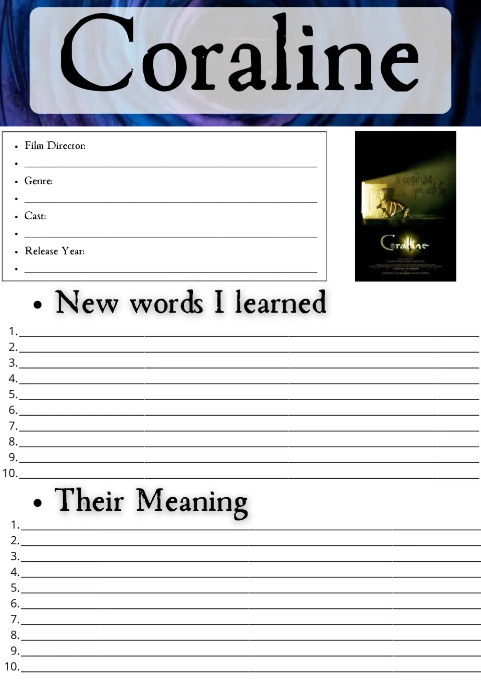 Coraline movie guide: students record director, genre, cast and year, then list 10 new words with their meanings