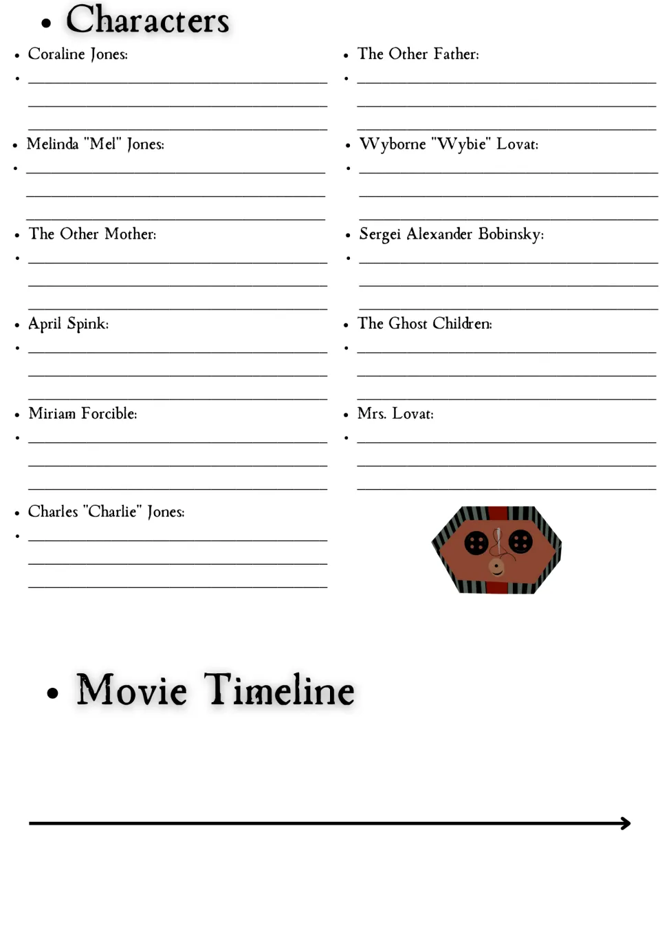 Coraline characters: students write notes on 11 characters, from Coraline to Mrs. Lovat, above a blank movie timeline