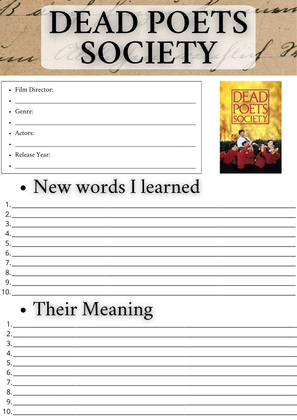 Dead Poets Society film facts: students note director, genre, actors and year, then list 10 new words and their meanings