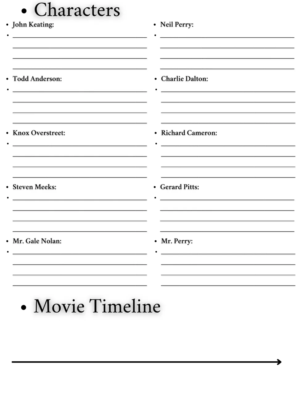 Character notes: students describe John Keating, Neil Perry, Todd Anderson and 7 others, then plot events on a timeline