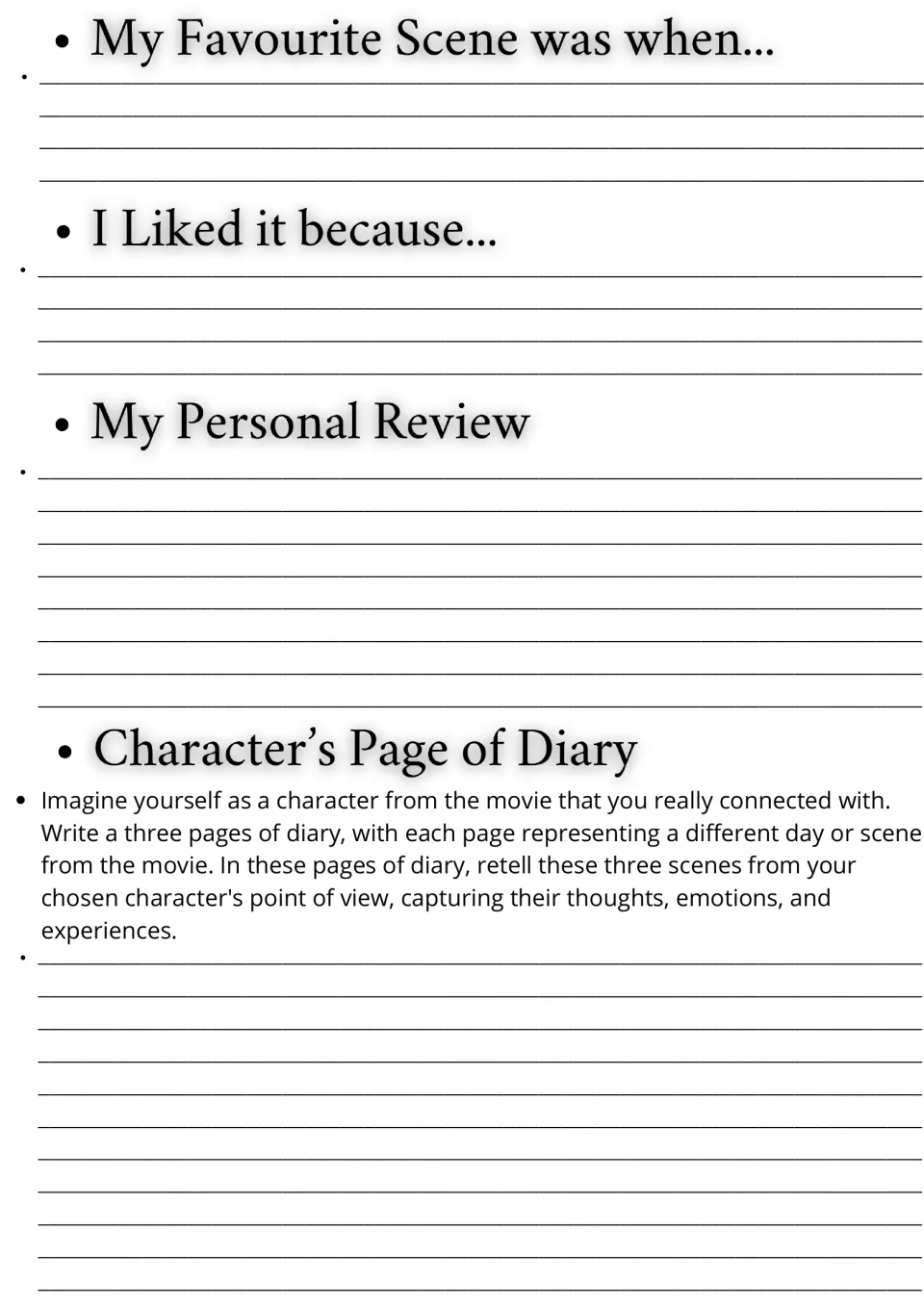 Film response: students recall a favourite scene, explain why, write a review and three diary entries as one character