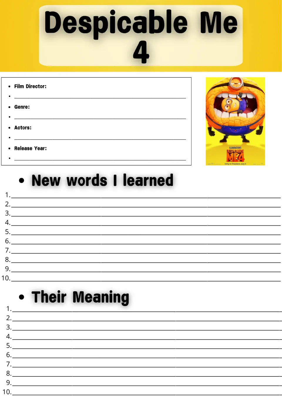 Despicable Me 4 film facts and vocabulary: students note director, genre, actors, year, then 10 new words and meanings
