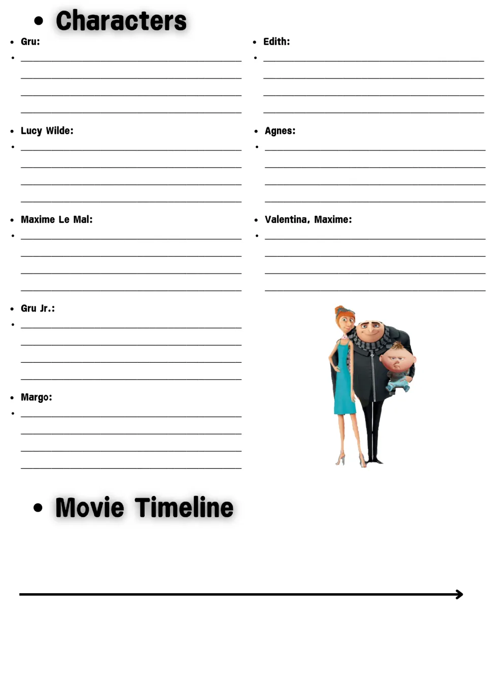Movie characters: students describe Gru, Lucy, Maxime, Gru Jr., Margo, Edith and Agnes, then sequence events on a timeline