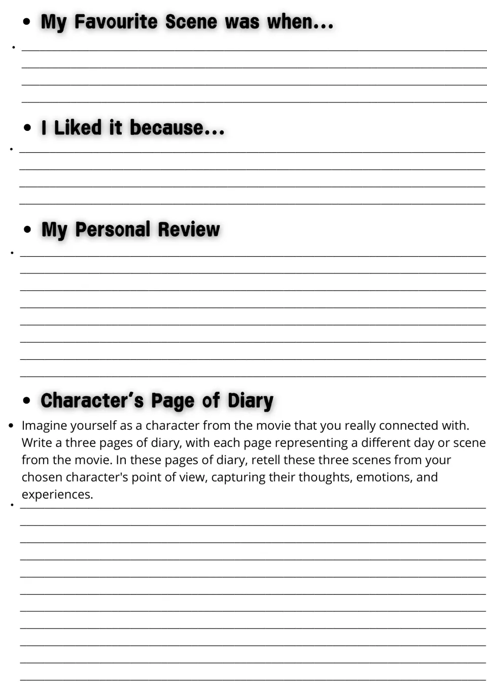 Movie response writing: students describe a favourite scene, write a review and retell 3 scenes in a character's diary