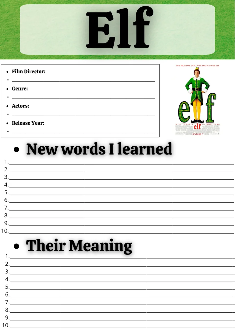 Elf film facts: students record the director, genre, actors and release year, then list 10 new words and their meanings