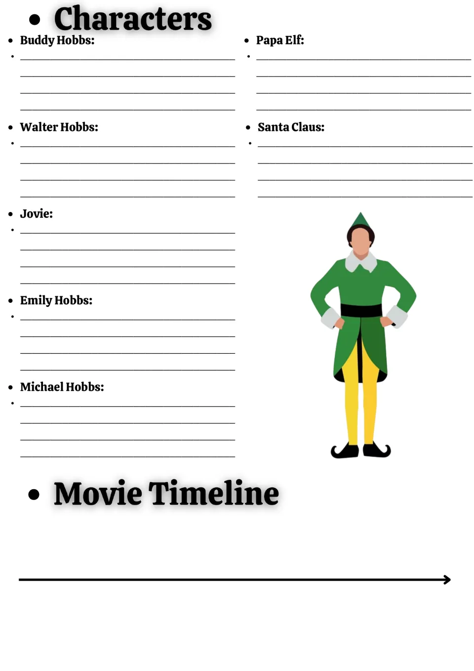 Elf character notes on Buddy, Walter, Jovie, Santa and three others, plus a blank movie timeline for sequencing events