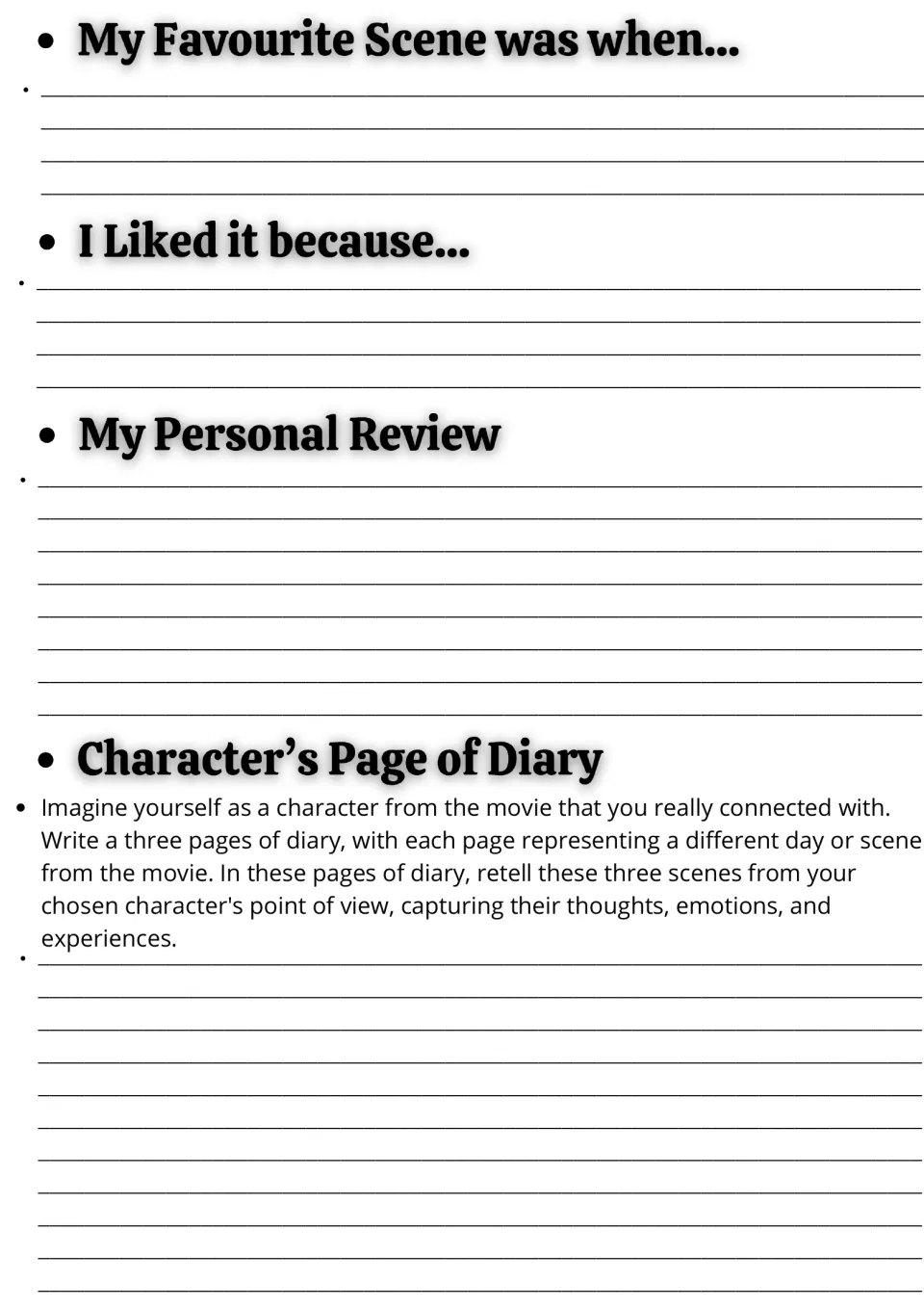 Film response: students write their favourite scene, why they liked it, a personal review and a character's diary