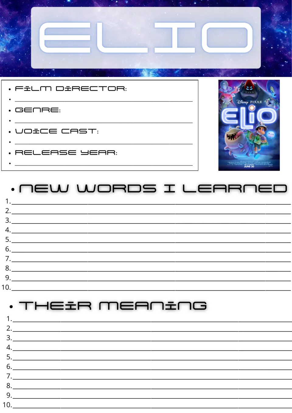 Elio film facts and vocabulary: students note director, genre, cast and release year, then list 10 new words with meanings