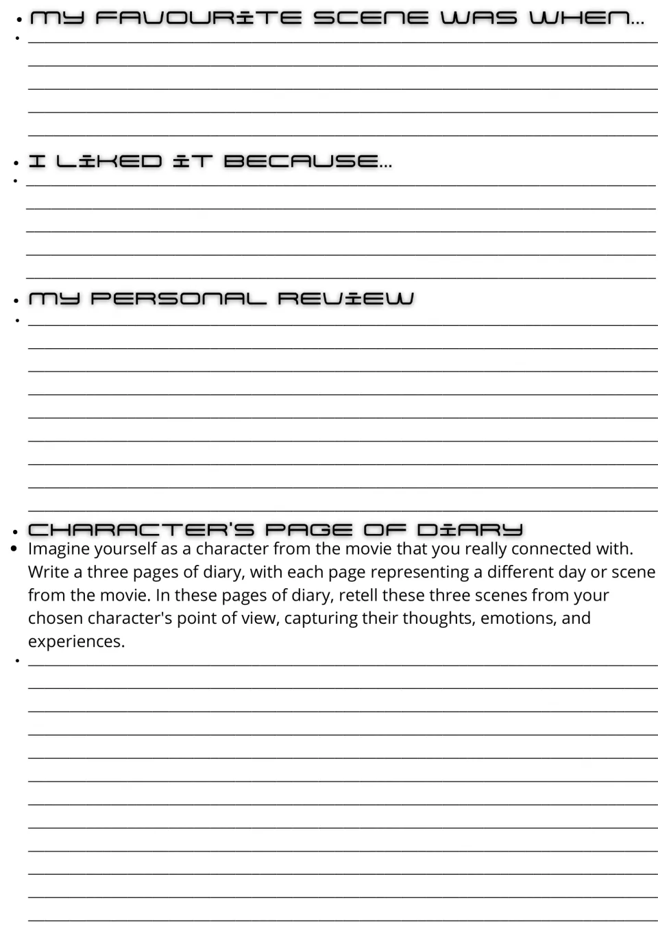 Film response writing: students describe a favourite scene, say why, write a review and a 3-day diary as a movie character