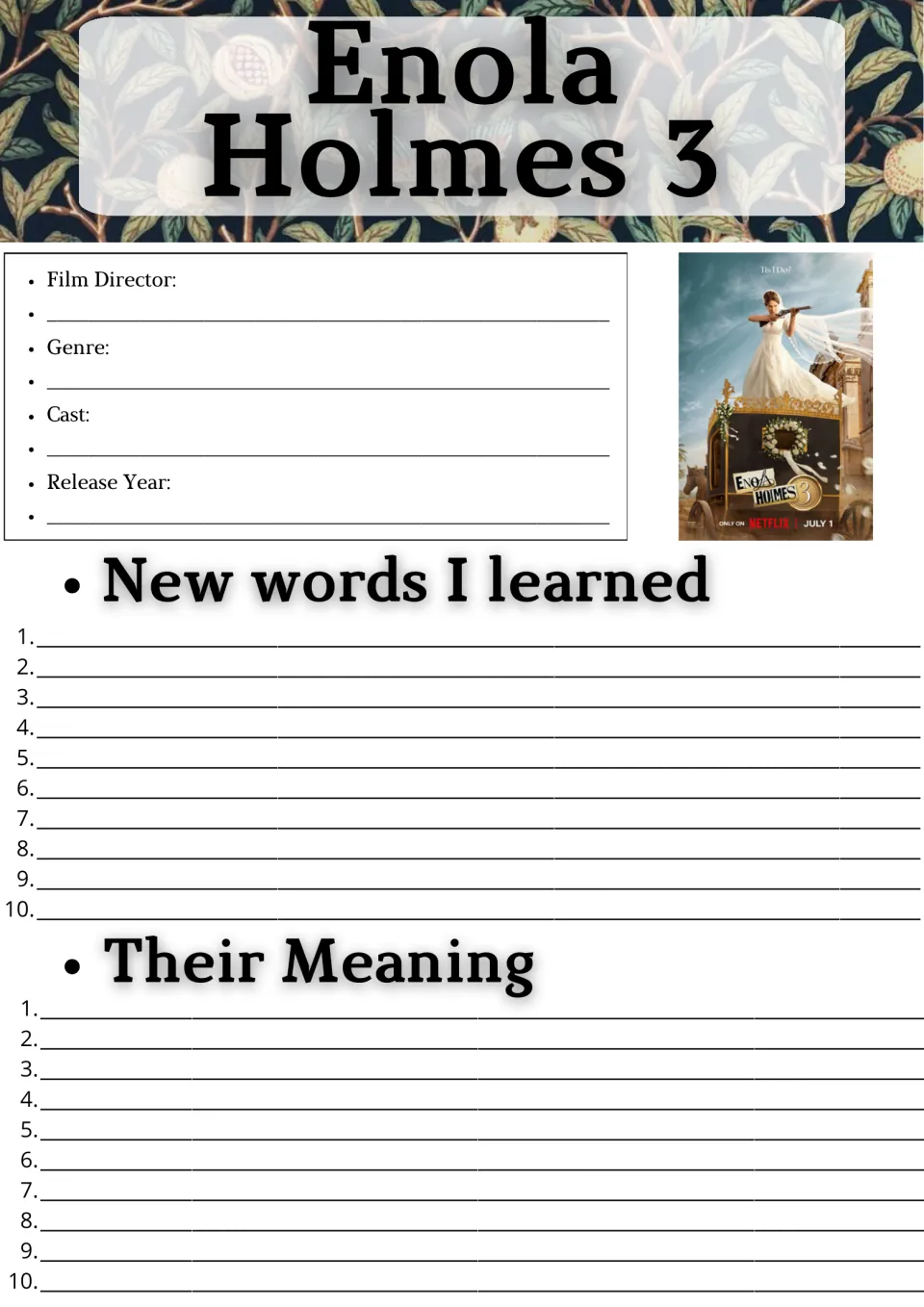 Movie facts and vocabulary: students note the director, genre, cast and release year, then list 10 new words with meanings