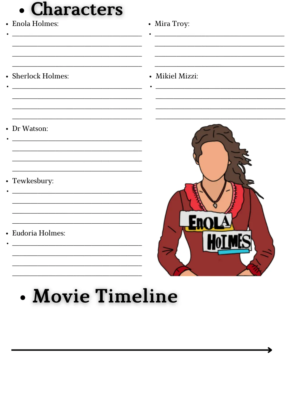 Character descriptions: students write notes on Enola, Sherlock, Watson and others, then sequence plot events on a timeline