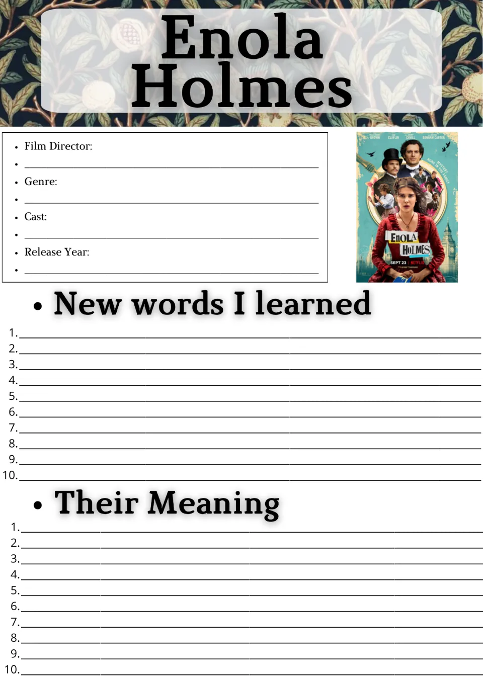 Enola Holmes film facts and vocabulary: students note director, genre, cast and year, then list 10 new words with meanings