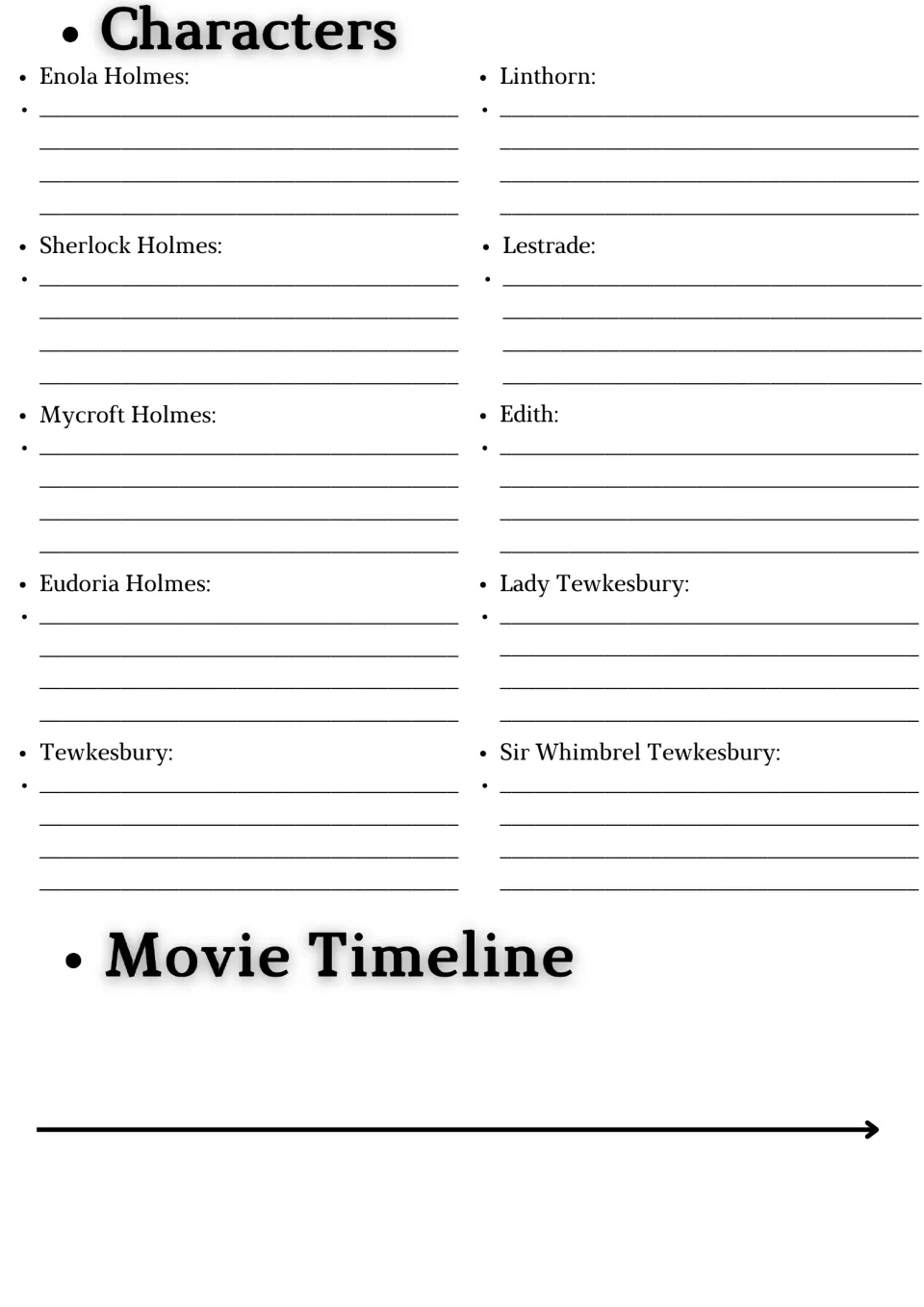 Character descriptions: students write notes on 10 Enola Holmes characters, then sequence events on a movie timeline arrow