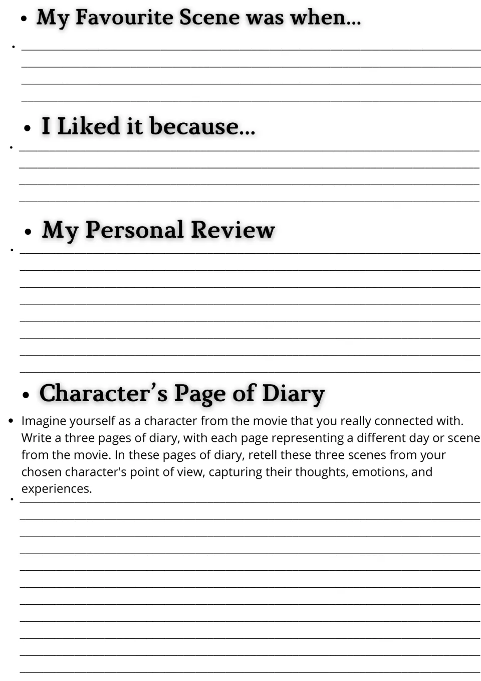 Movie response writing: favourite scene, why I liked it, a personal review and a three-entry diary from a character's view