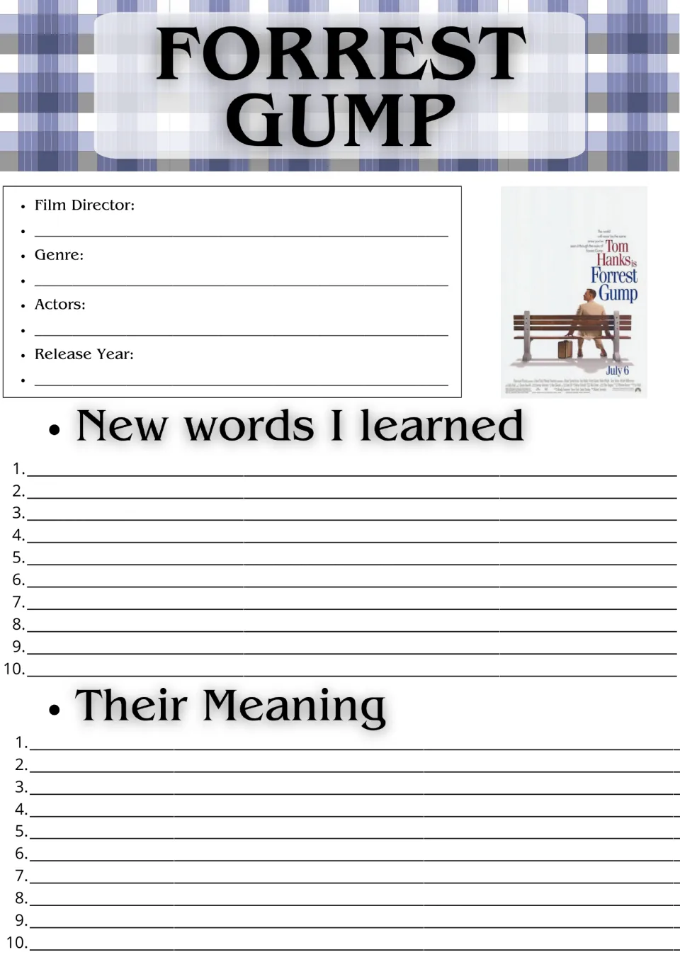 Forrest Gump film facts and vocabulary: students record director, genre, actors, year, then 10 new words and meanings
