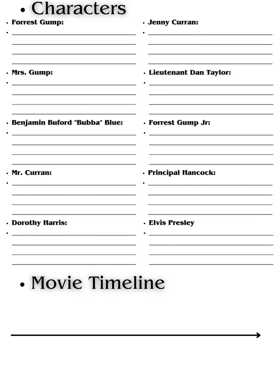 Character notes: students describe 10 people such as Jenny Curran and Lieutenant Dan, then plot events on a movie timeline