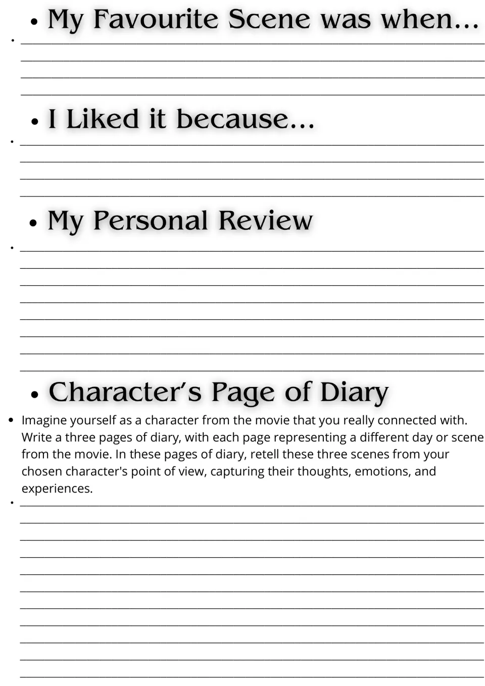 Film response and diary: students explain a favourite scene, write a review, then retell three scenes as a character