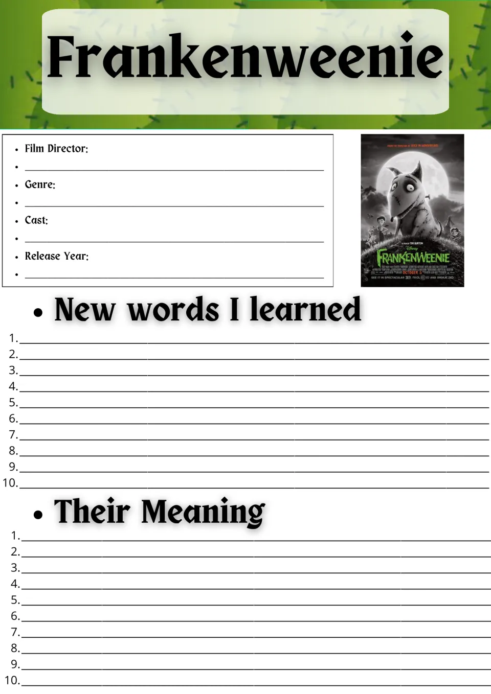 Frankenweenie movie guide: students record director, genre, cast and year, then list 10 new words with meanings