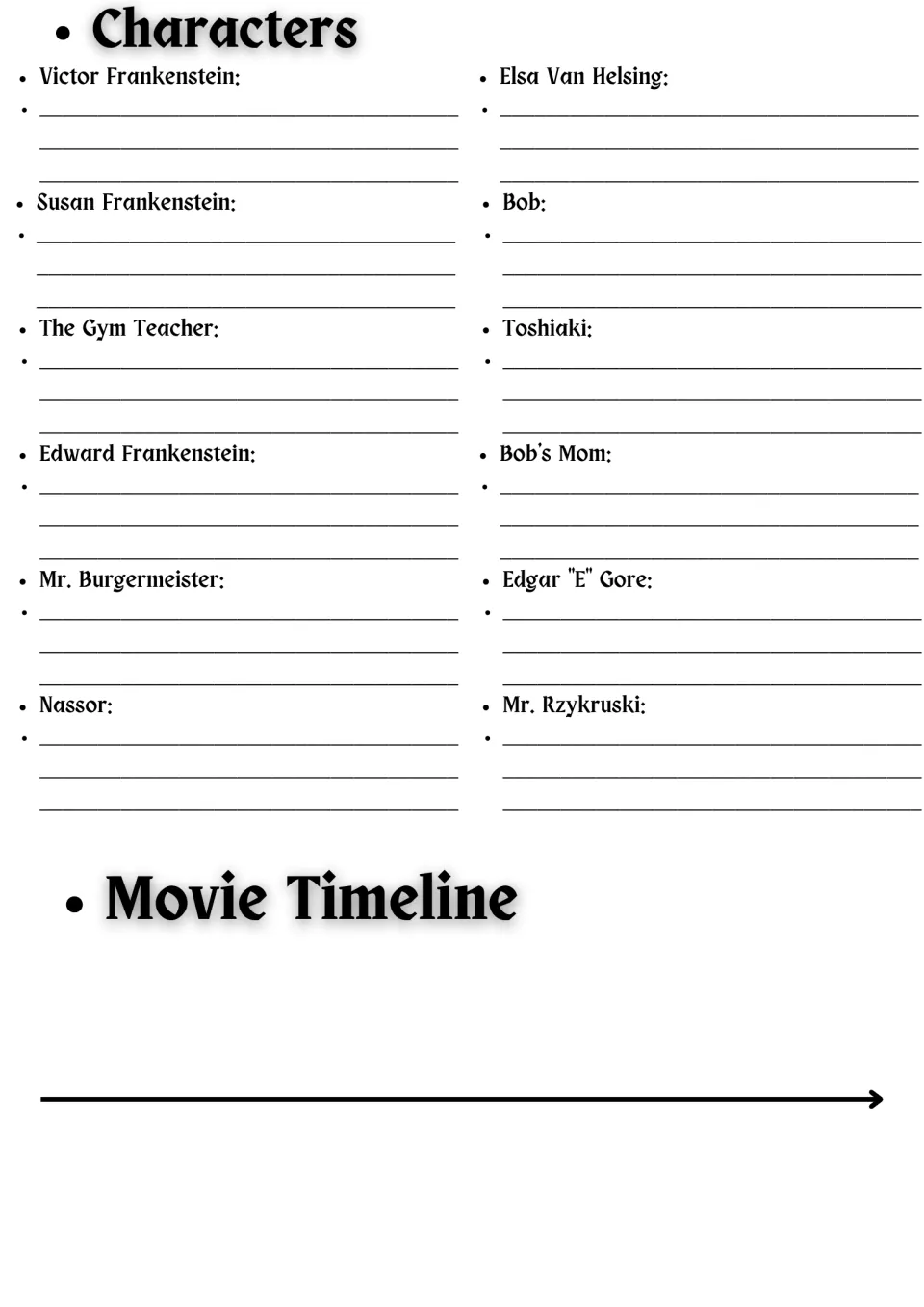 Characters: students write notes on 12 named characters, such as Victor, Elsa and Bob, then start a Movie Timeline