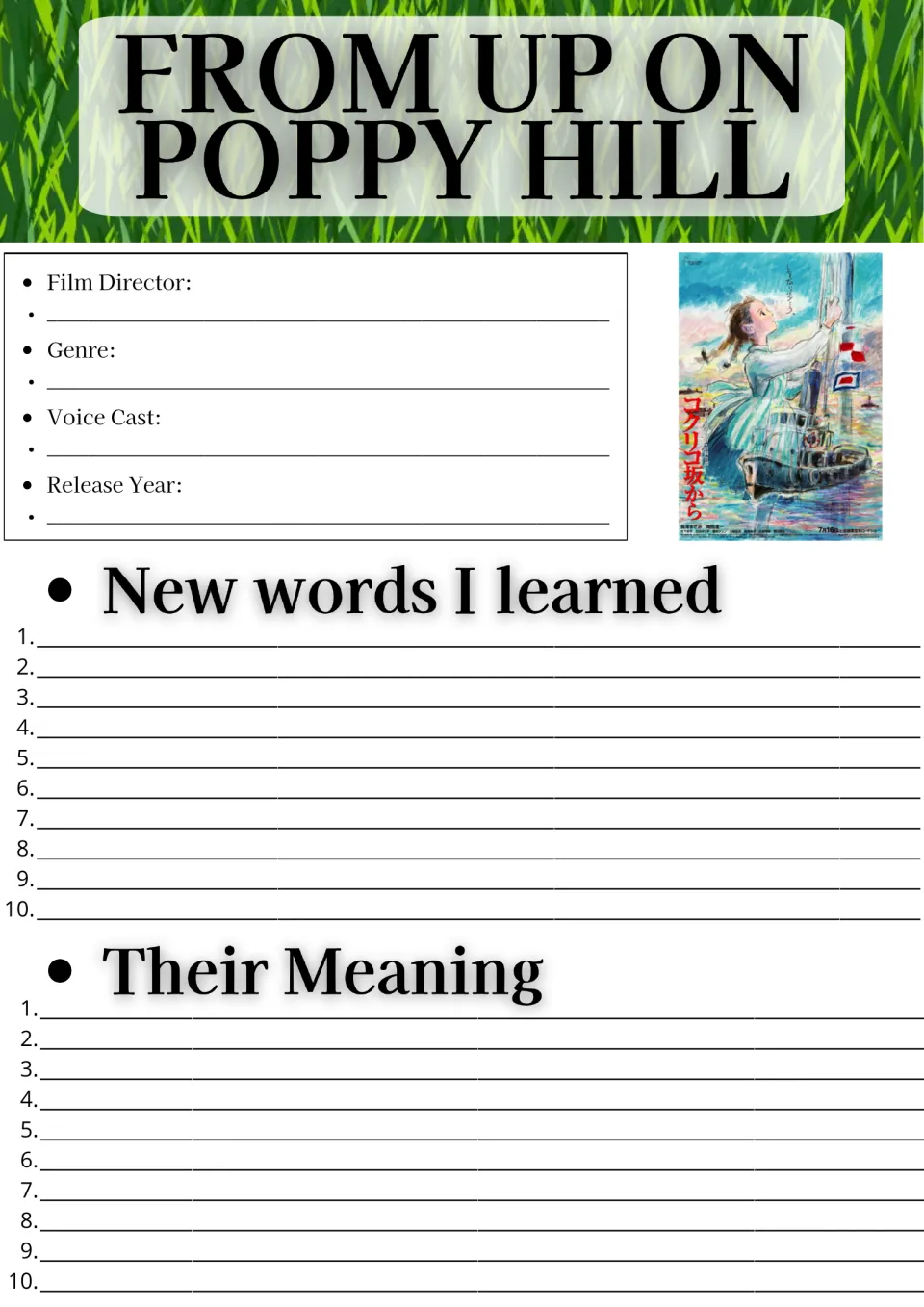 Movie guide opening page: film director, genre, voice cast, release year, and 10 new words with meanings