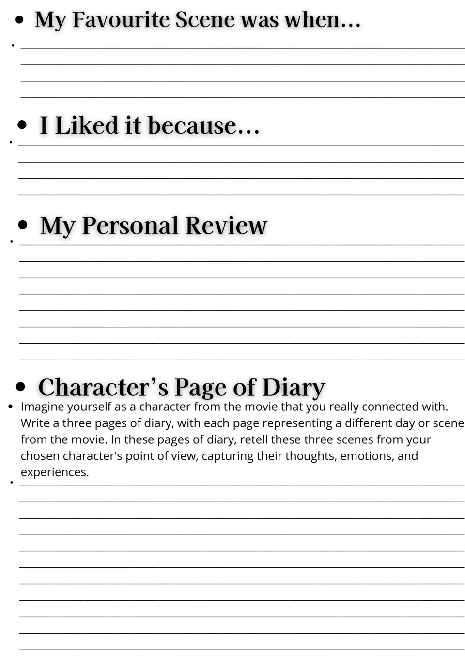 Movie guide writing page: favorite scene, reasons, personal review, and three diary pages as a character