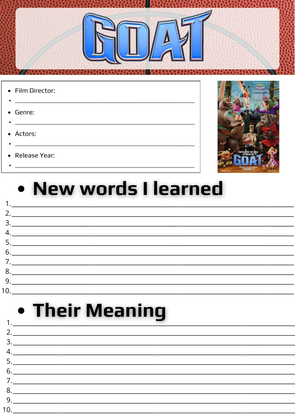Goat film facts and vocabulary: students note director, genre, actors and release year, then list 10 new words and meanings