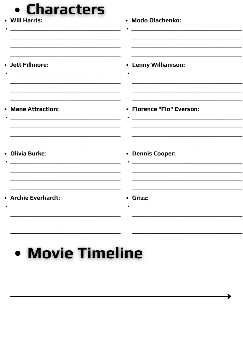 Goat character notes: students describe 10 characters such as Will Harris and Jett Fillmore, then fill in a movie timeline