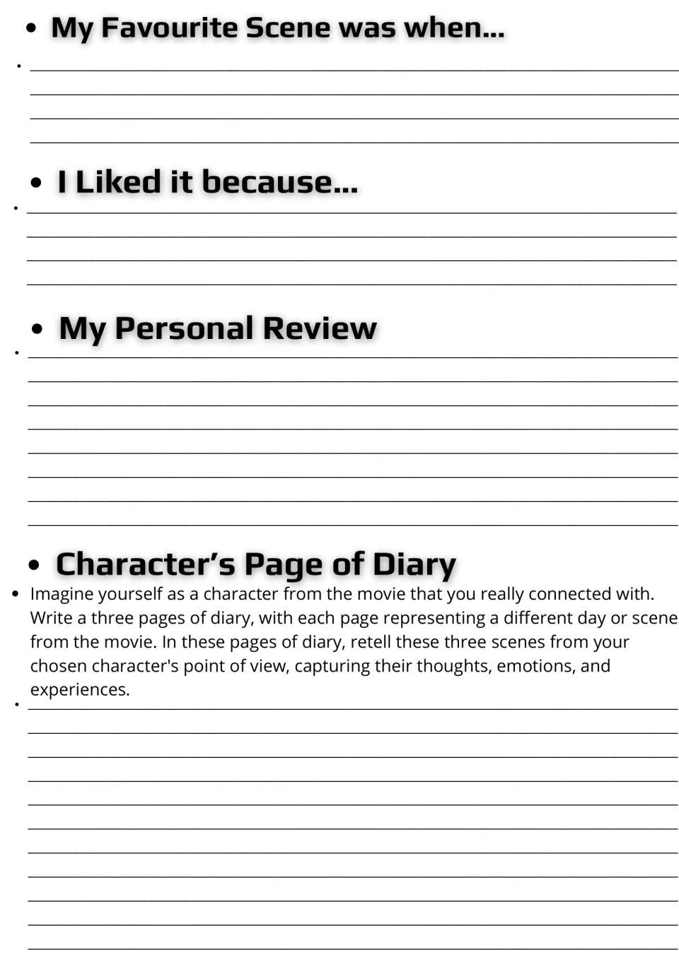 Film response writing: students describe a favourite scene, give reasons, write a review and a three-day character diary