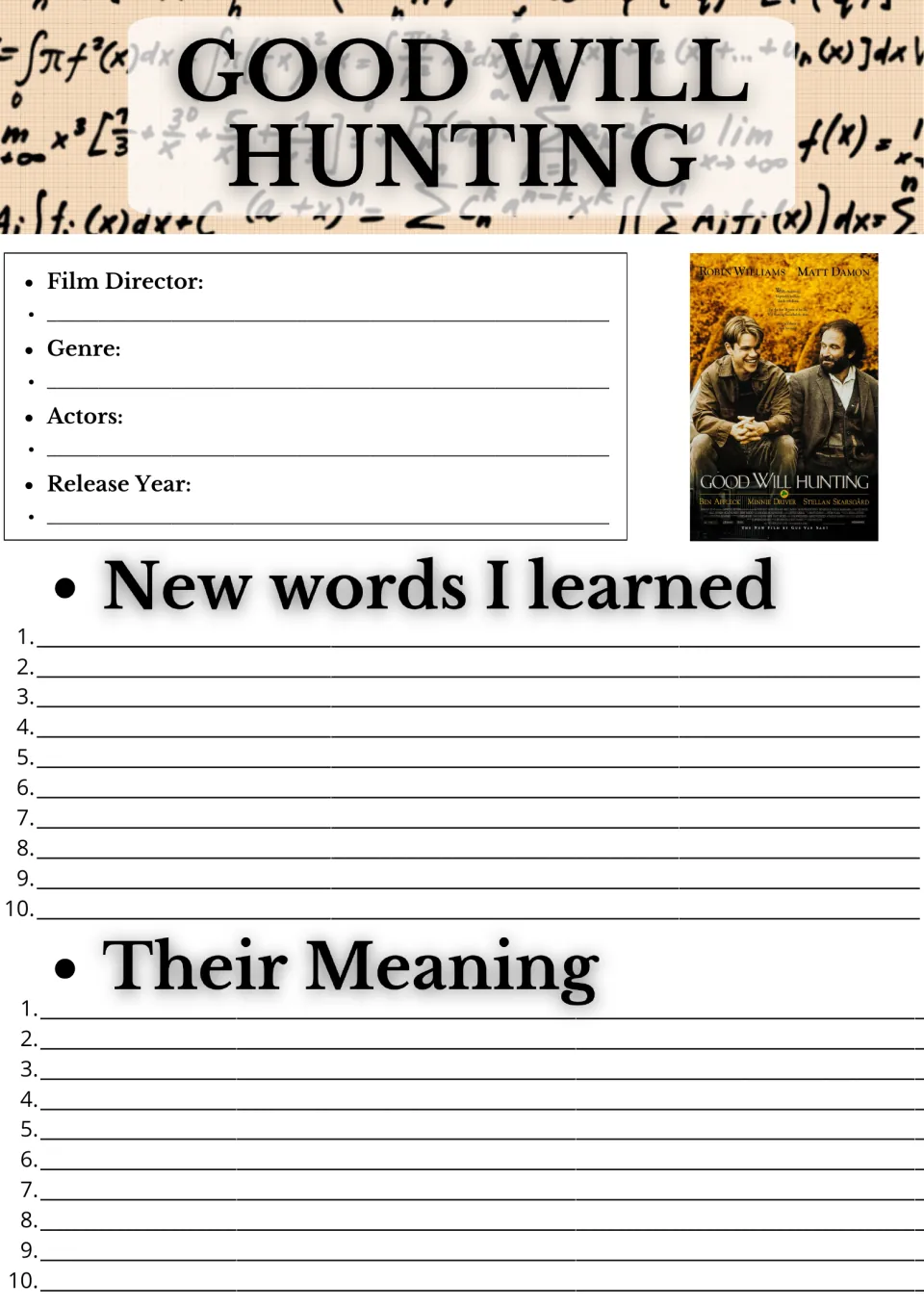 Good Will Hunting facts and vocabulary: students record director, genre, actors and year, then 10 new words and meanings