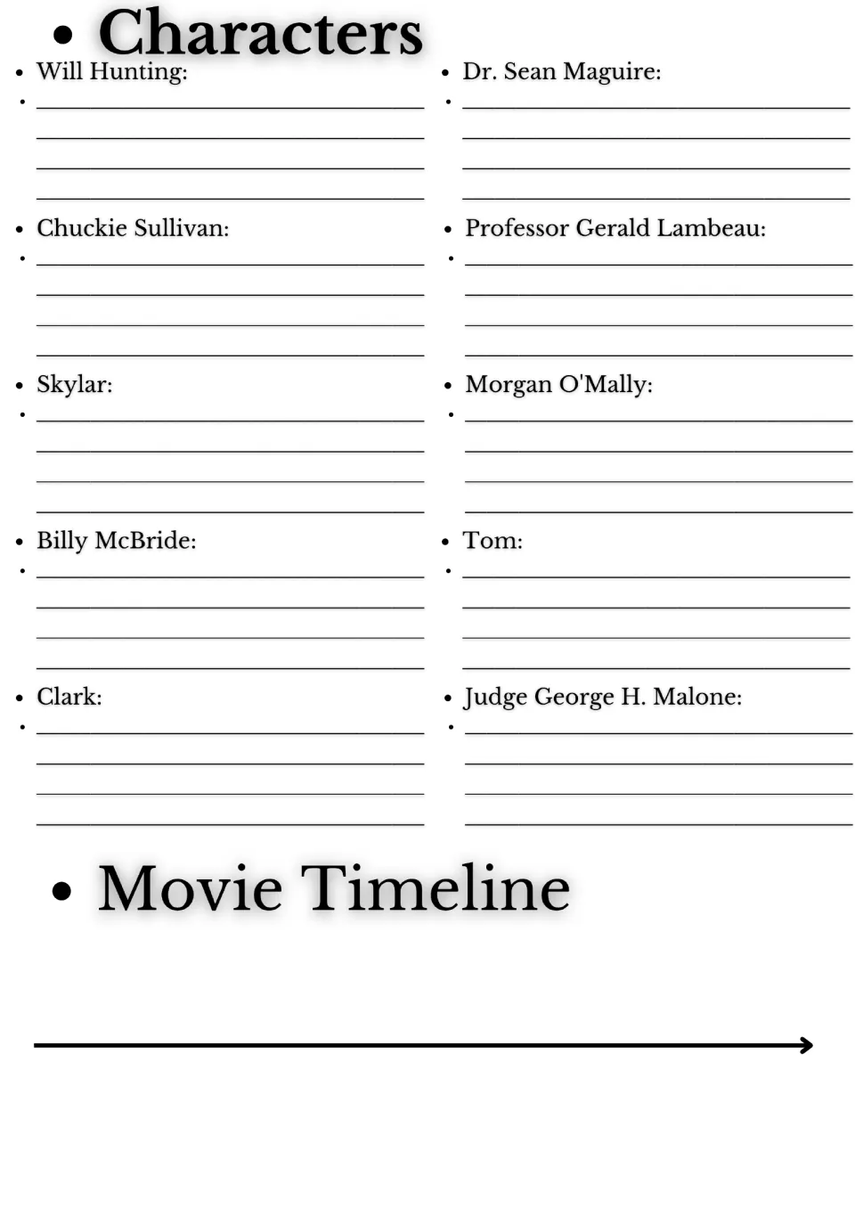 Character notes and timeline: students describe Will, Sean, Chuckie, Skylar, Lambeau and others, then sequence events