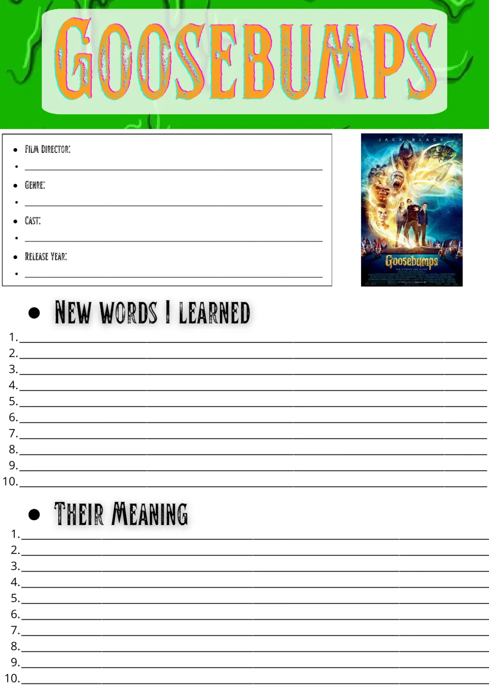 Movie guide opening page: director, genre, cast, release year, and space for 10 new words and their meanings.
