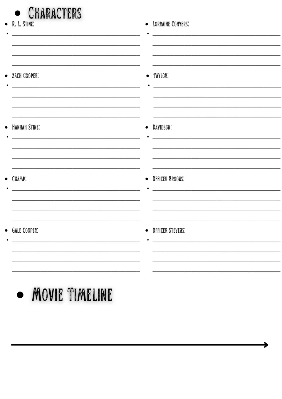 Movie guide page 2: descriptions of R. L. Stine, Zach Cooper, Hannah Stine and seven more, plus a timeline.