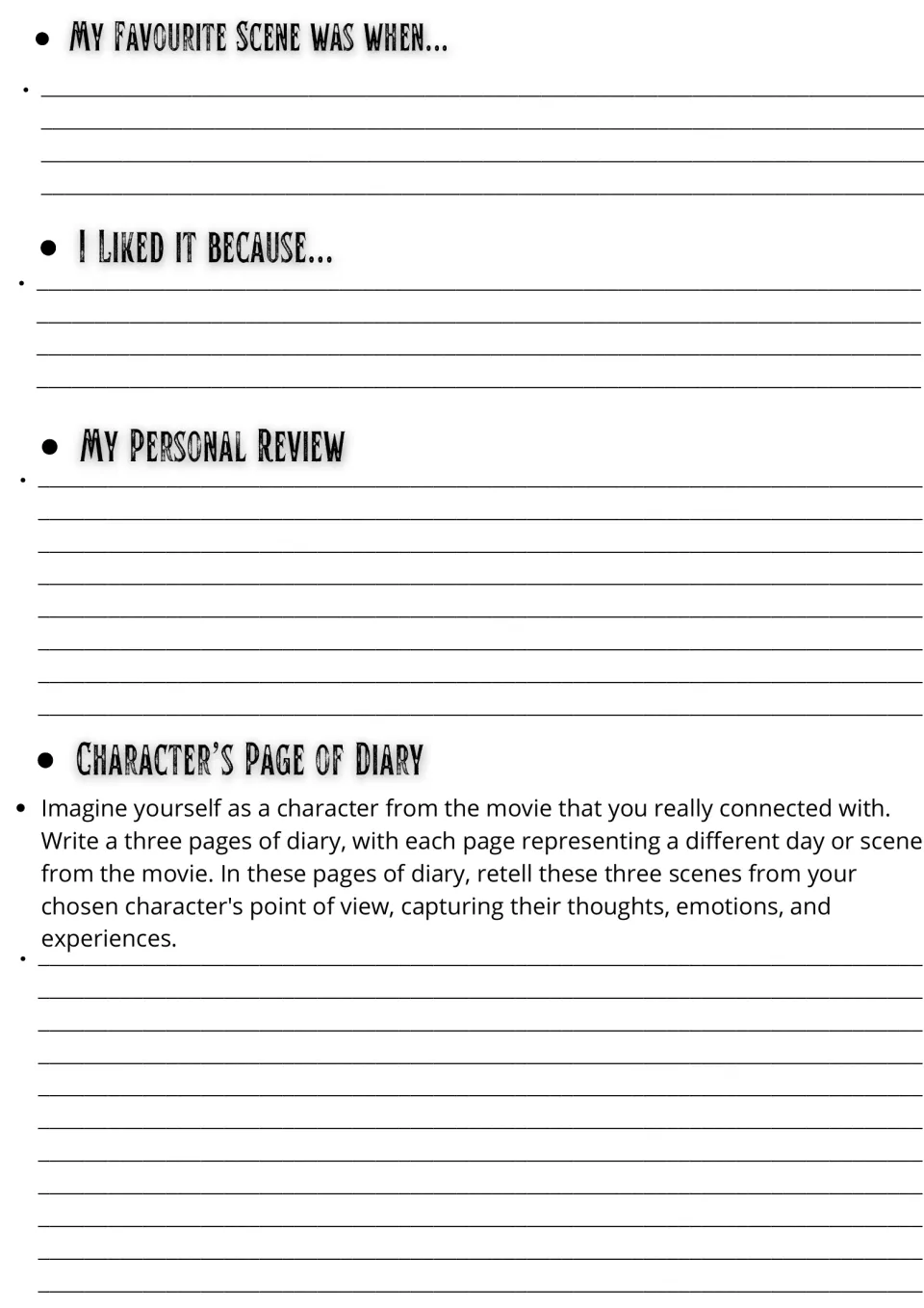 Movie guide page 3: favorite scene, reasons, personal review, and three diary pages from a character's view.