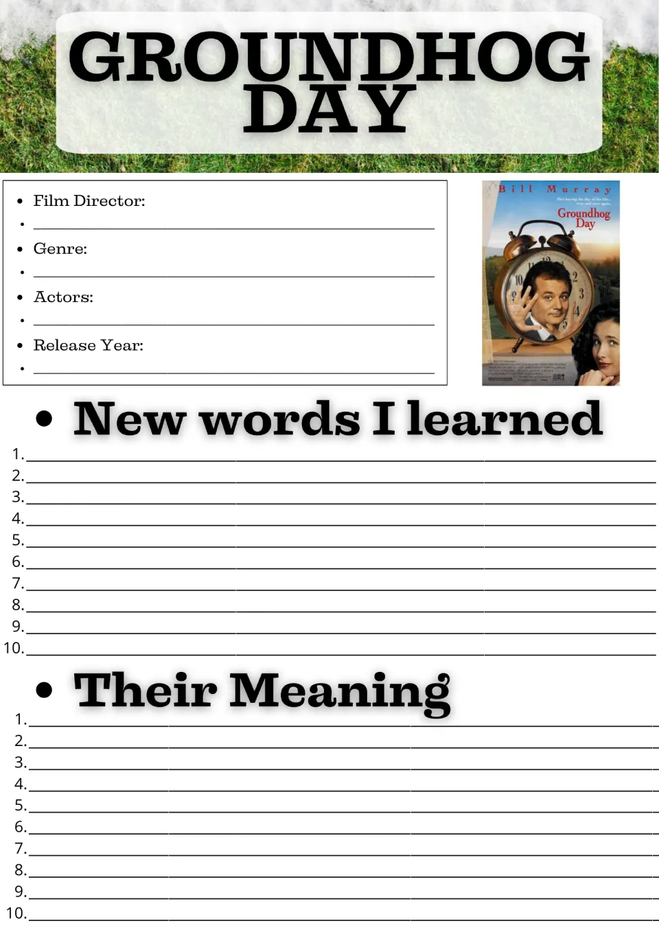 Movie guide opening page: film director, genre, actors, release year, and 10 new words with their meanings