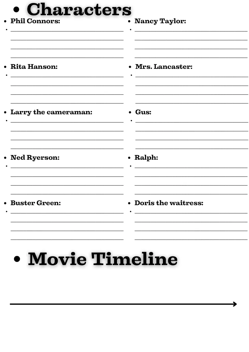 Movie guide character study: Phil Connors, Rita Hanson, eight other characters, and a movie timeline