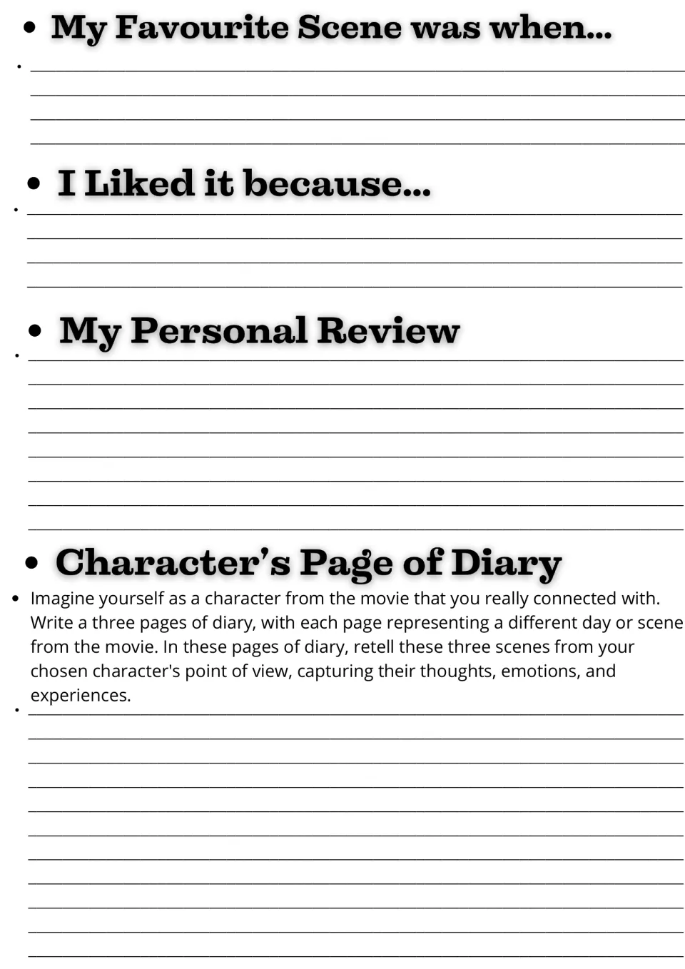 Movie guide writing prompts: favorite scene, personal review, and three diary pages from a character's view